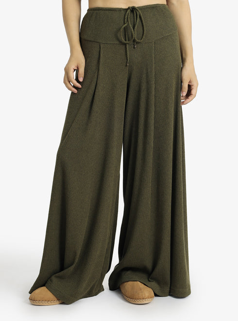 Ribbed wide-leg pants with drawstring waist