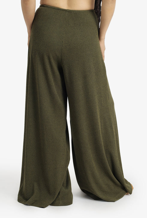Ribbed wide-leg pants with drawstring waist