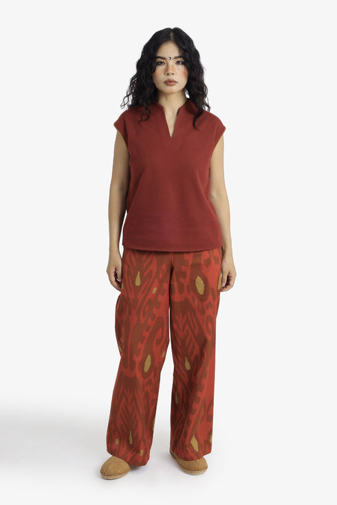 Printed Egyptian cotton wide-leg pants with pockets