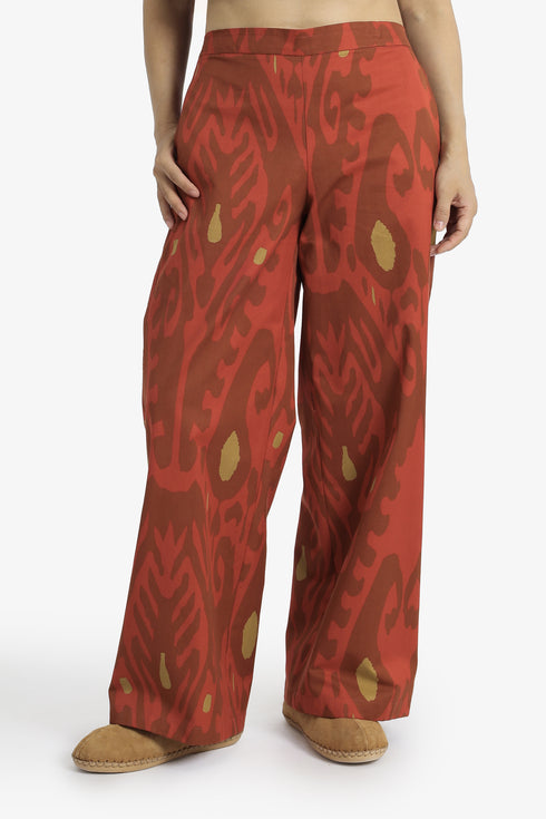 Printed Egyptian cotton wide-leg pants with pockets