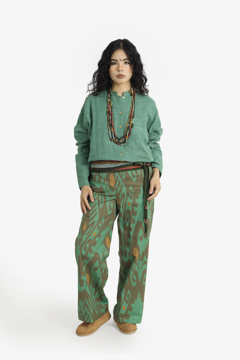 Printed Egyptian cotton wide-leg pants with pockets