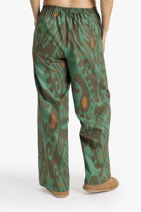 Printed Egyptian cotton wide-leg pants with pockets