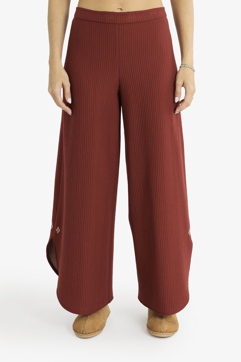 Hand embroidered wide-leg pants with rounded hems