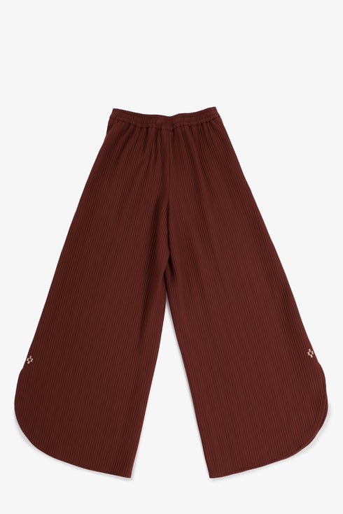 Hand embroidered wide-leg pants with rounded hems