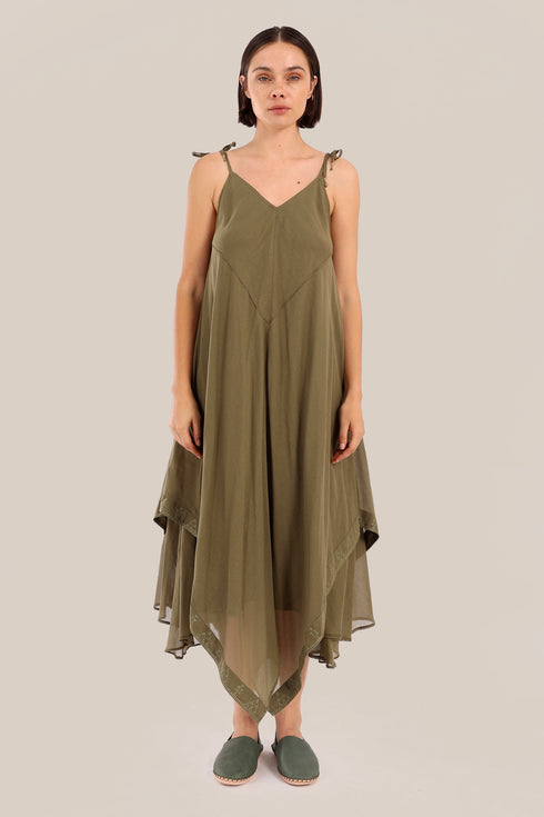Embroidered cotton voile dress with asymmetric hemline