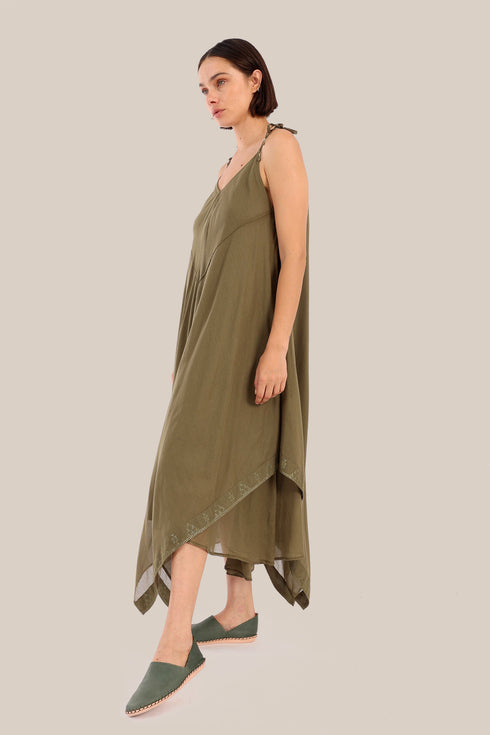 Embroidered cotton voile dress with asymmetric hemline
