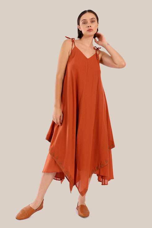 Embroidered cotton gauze dress with asymmetric hemline