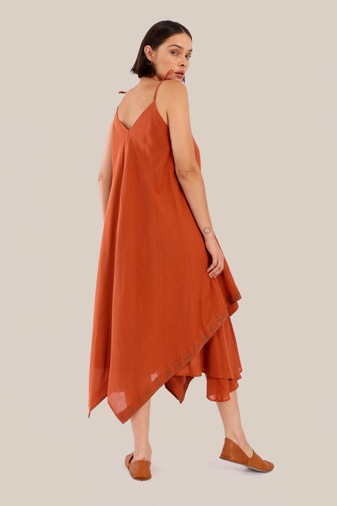 Embroidered cotton gauze dress with asymmetric hemline