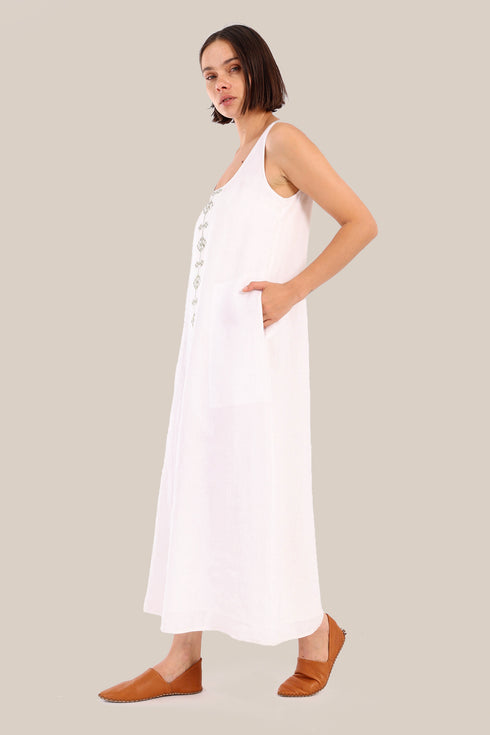 Embroidered long dress in linen