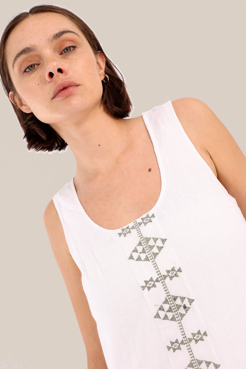 Embroidered long dress in linen