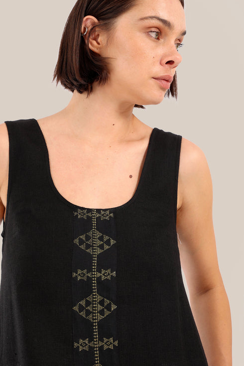 Embroidered long dress in linen