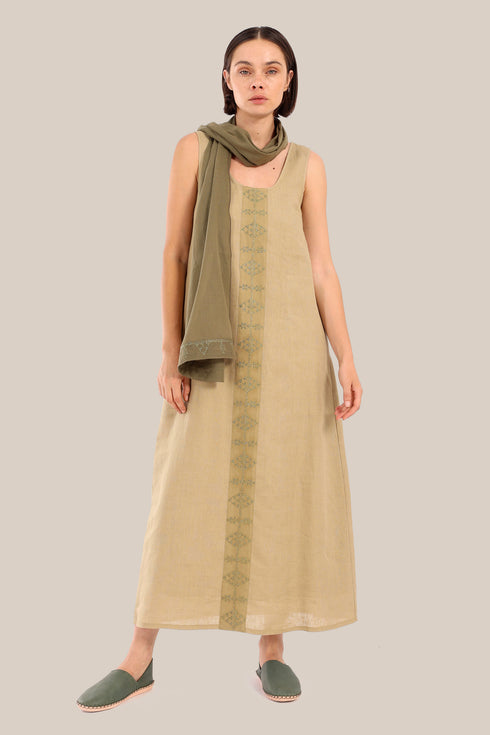 Embroidered long dress in linen