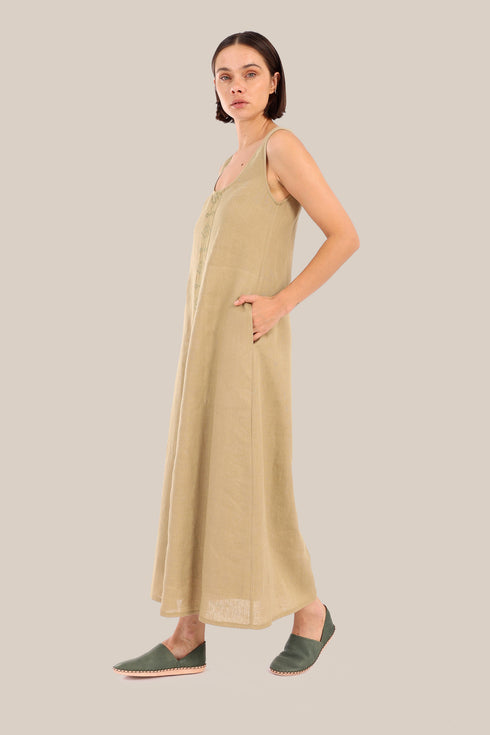 Embroidered long dress in linen