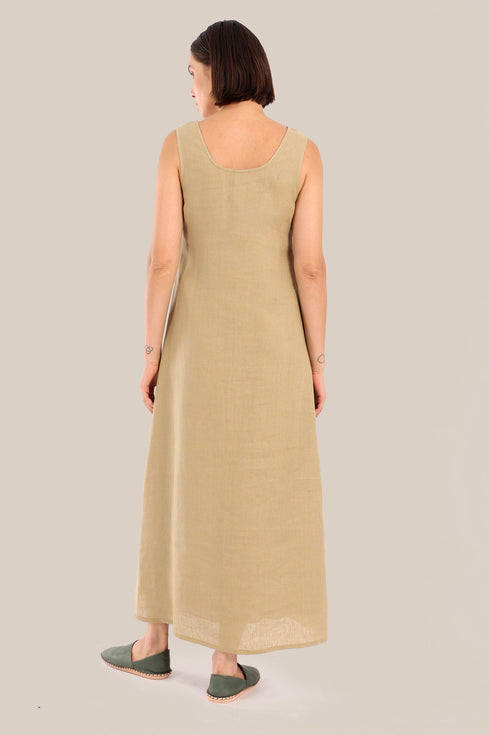 Embroidered long dress in linen