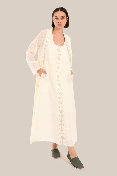 Embroidered long dress in linen