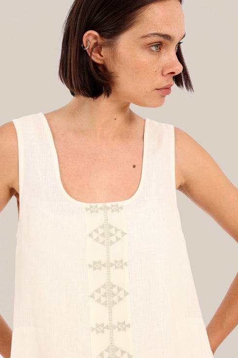 Embroidered long dress in linen