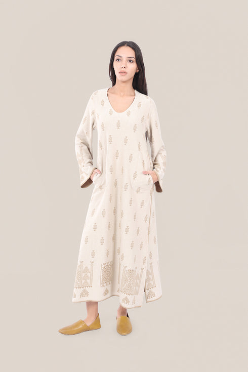 Patterned jacquard long dress with pockets