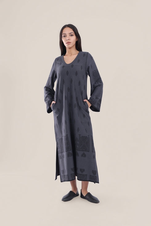 Patterned jacquard long dress with pockets