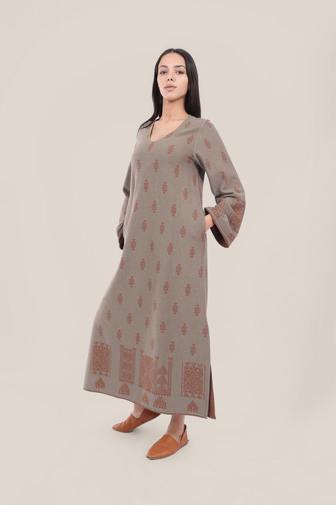 Patterned jacquard long dress with pockets