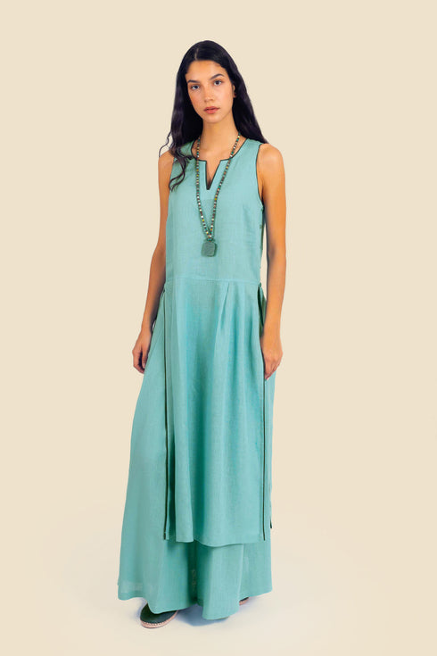 Sleeveless tunic dress in linen with contrasting color trims