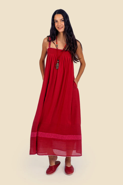 Long dress in cotton gauze with adjustable thin straps