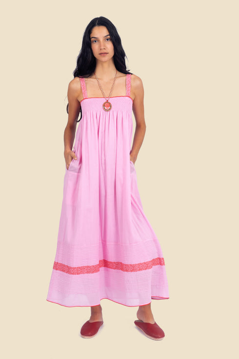 Long dress in cotton gauze with adjustable thin straps