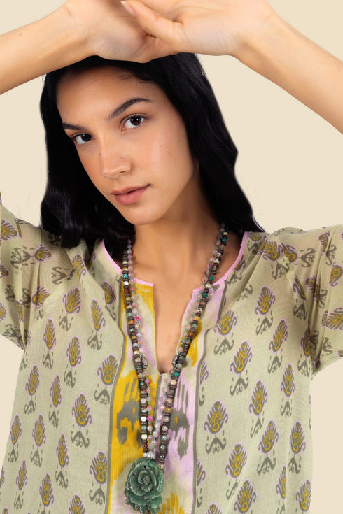 Tunic dress in printed cotton gauze with side slits