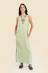 Sleeveless long dress in linen with v-neckline