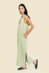 Sleeveless long dress in linen with v-neckline