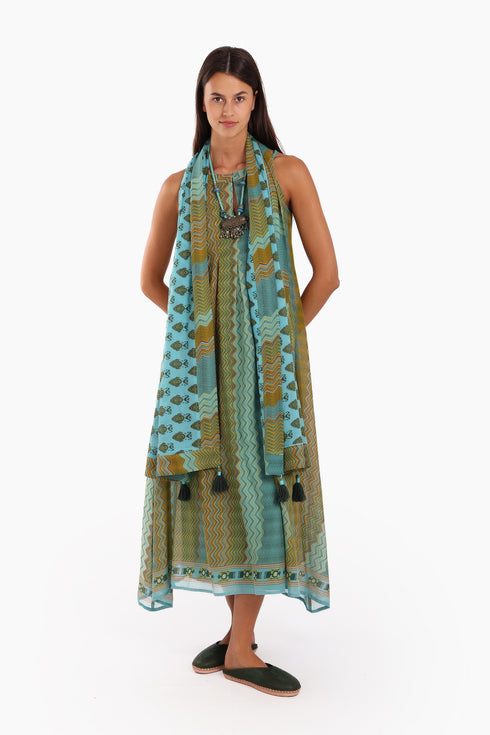 Sleeveless long dress in printed cotton voile