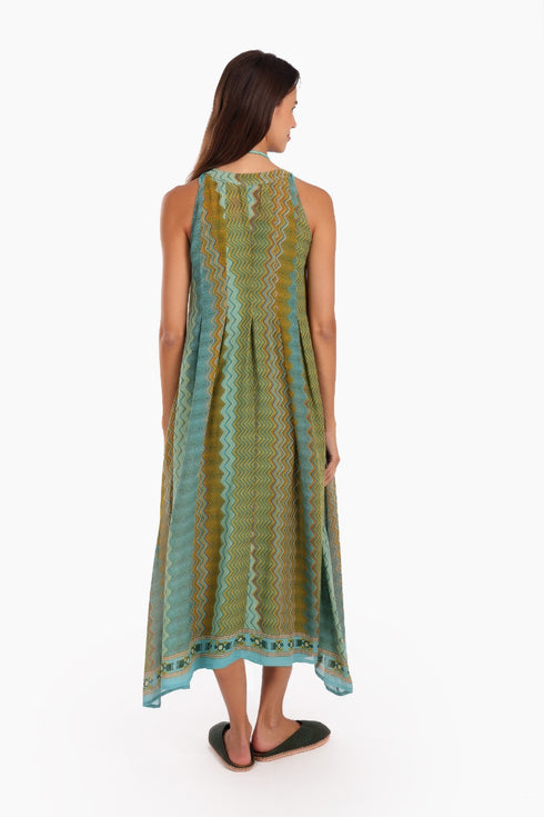 Sleeveless long dress in printed cotton voile
