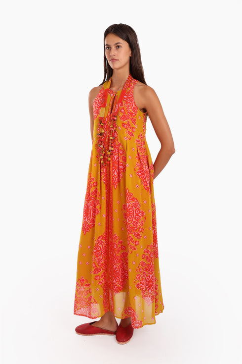Sleeveless long dress in cotton voile