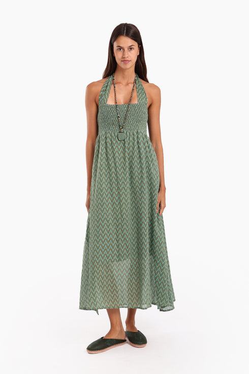 Dress in printed cotton gauze with halter neck tie