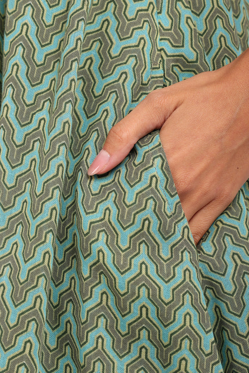 Dress in printed cotton gauze with halter neck tie