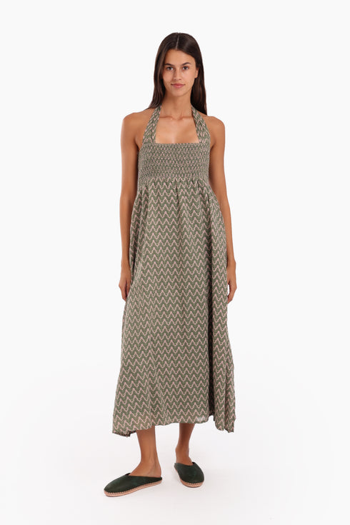 Dress in printed cotton gauze with halter neck tie