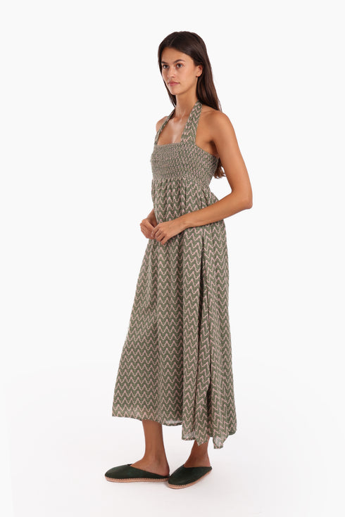 Dress in printed cotton gauze with halter neck tie