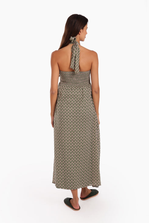 Dress in printed cotton gauze with halter neck tie
