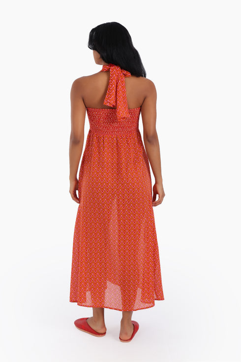 Dress in printed cotton gauze with halter neck tie