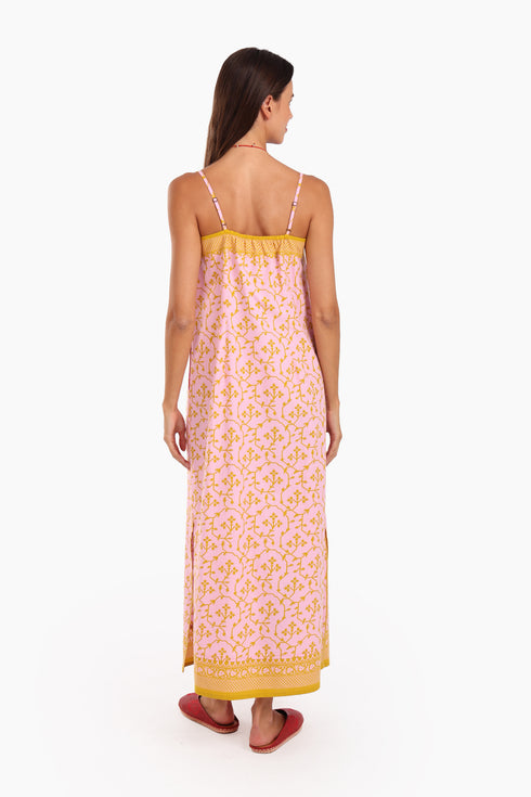 Long Sleeveless printed dress with thin adjustable straps and pockets