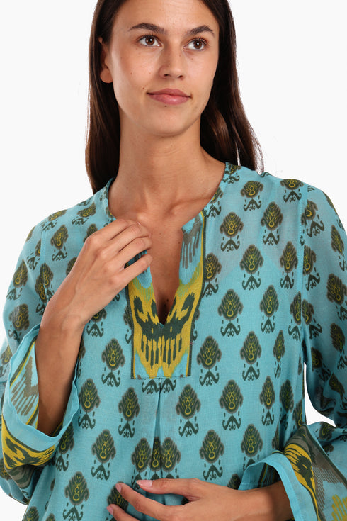 Long dress in printed cotton gauze with side pockets