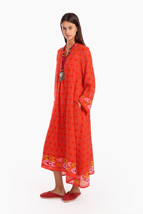 Long dress in printed cotton gauze with side pockets