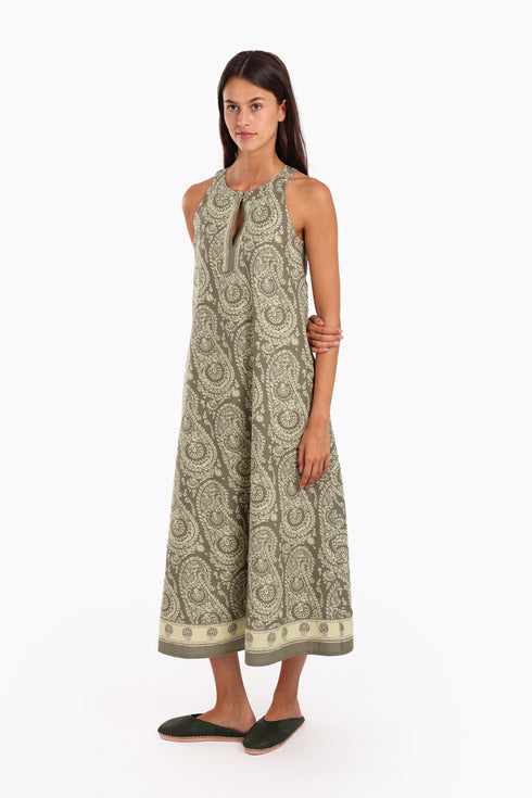 Long A-line sleeveless dress in printed cotton with pockets