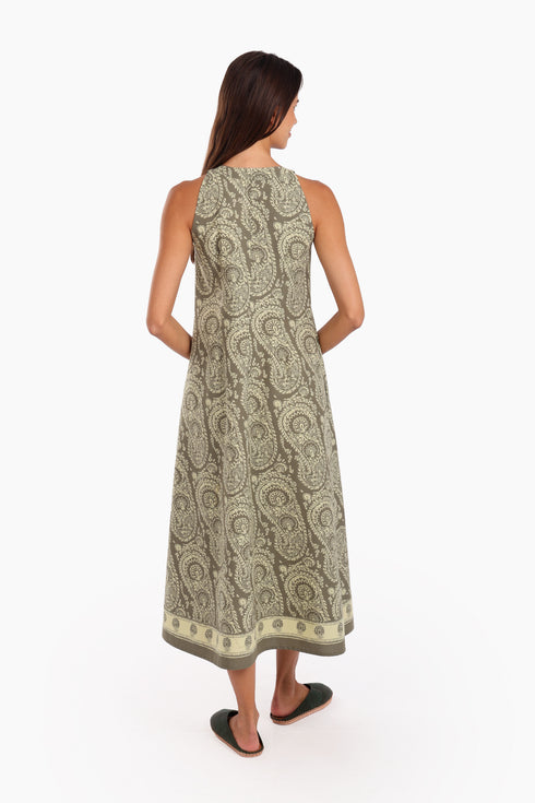 Long A-line sleeveless dress in printed cotton with pockets