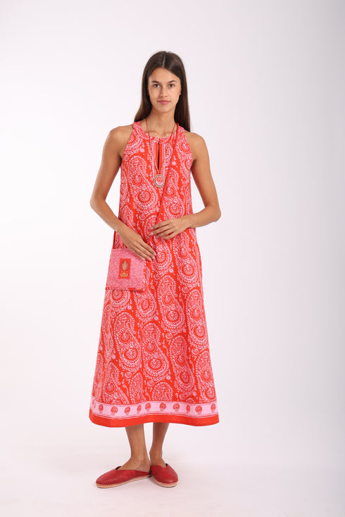 Long A-line sleeveless dress in printed cotton with pockets