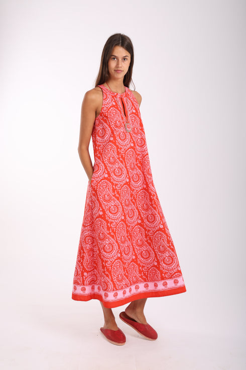 Long A-line sleeveless dress in printed cotton with pockets