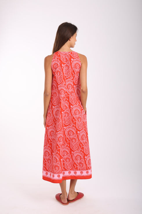 Long A-line sleeveless dress in printed cotton with pockets