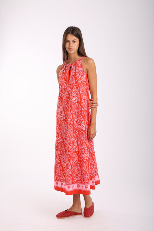 Long A-line sleeveless dress in printed cotton with pockets