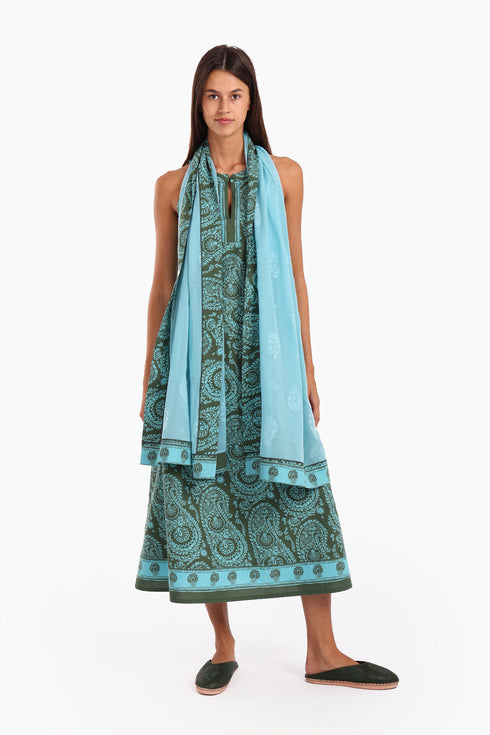 Long A-line sleeveless dress in printed cotton with pockets