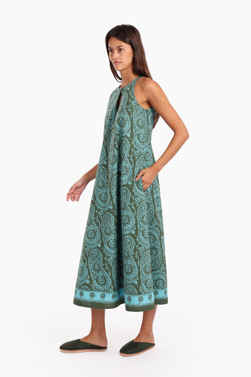 Long A-line sleeveless dress in printed cotton with pockets