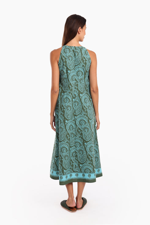 Long A-line sleeveless dress in printed cotton with pockets